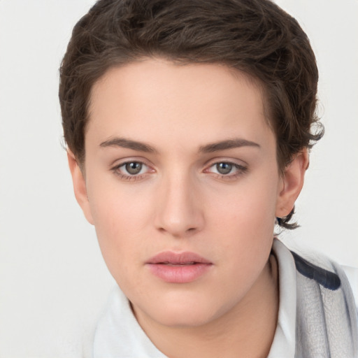 Neutral white young-adult female with short  brown hair and brown eyes