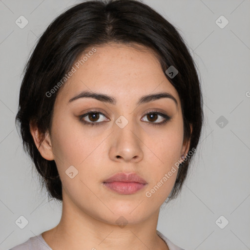 Neutral white young-adult female with medium  black hair and brown eyes