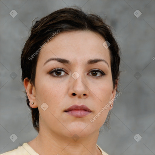 Neutral white young-adult female with medium  brown hair and brown eyes