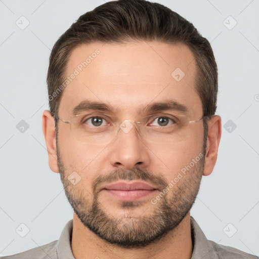 Neutral white adult male with short  brown hair and brown eyes