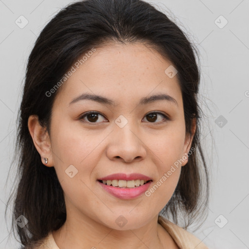 Joyful asian young-adult female with medium  brown hair and brown eyes