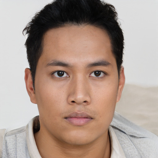 Neutral asian young-adult male with short  brown hair and brown eyes