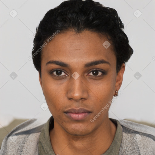 Neutral black young-adult female with short  black hair and brown eyes