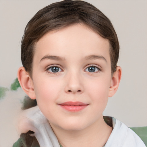 Joyful white child female with medium  brown hair and grey eyes