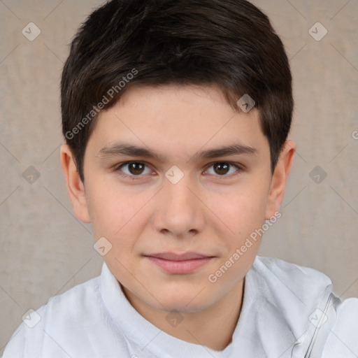 Joyful white child male with short  brown hair and brown eyes