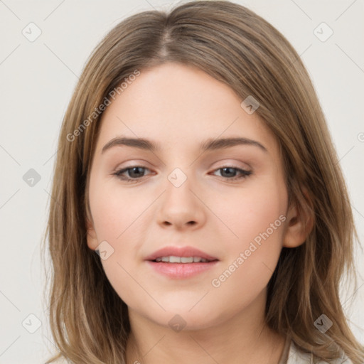 Neutral white young-adult female with long  brown hair and brown eyes