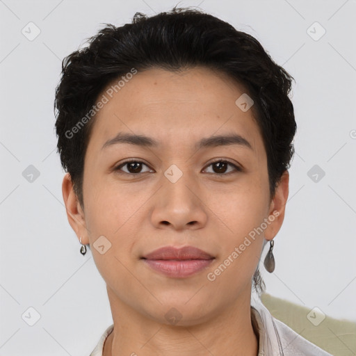 Joyful latino young-adult female with short  brown hair and brown eyes