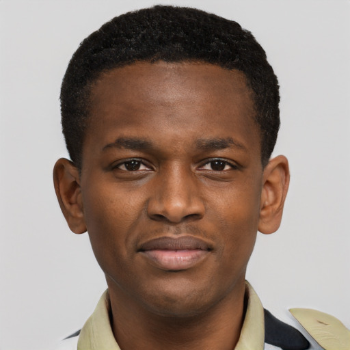 Joyful black young-adult male with short  brown hair and brown eyes