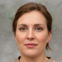 Joyful white adult female with medium  brown hair and grey eyes