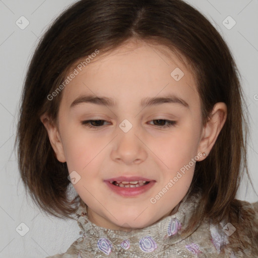 Joyful white child female with medium  brown hair and brown eyes