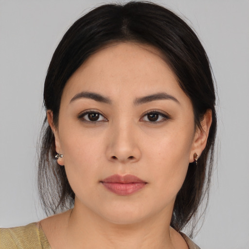 Neutral asian young-adult female with medium  brown hair and brown eyes
