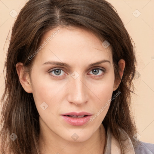 Neutral white young-adult female with medium  brown hair and grey eyes