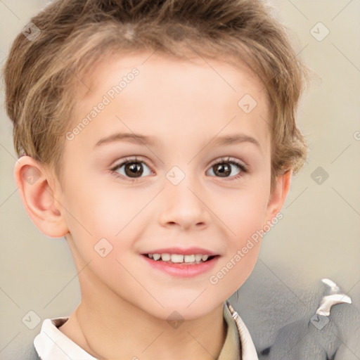 Joyful white child female with short  brown hair and brown eyes