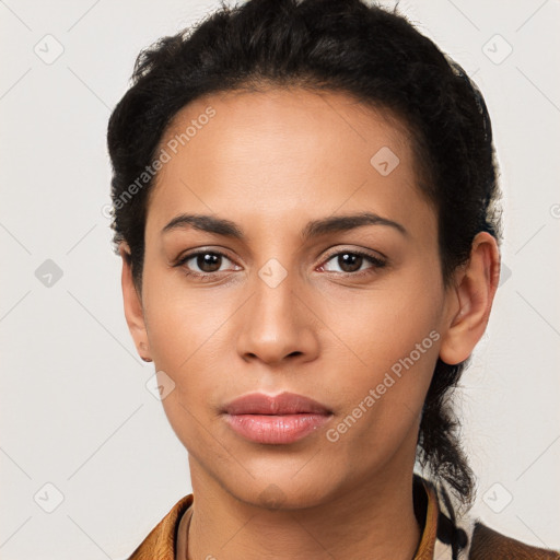 Neutral latino young-adult female with long  black hair and brown eyes