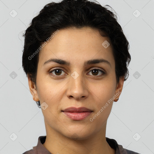 Joyful latino young-adult female with short  brown hair and brown eyes