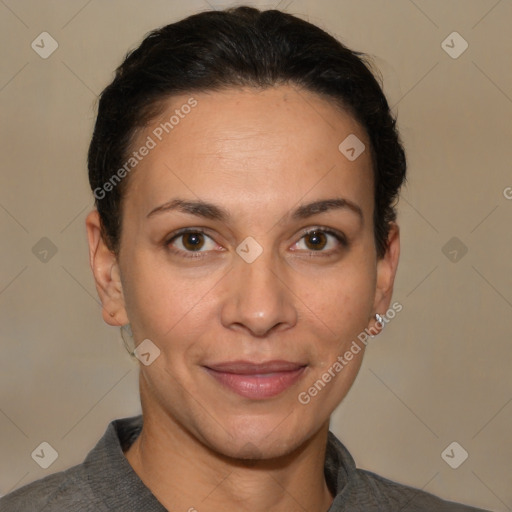 Joyful white adult female with short  brown hair and brown eyes