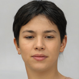 Joyful asian young-adult female with short  brown hair and brown eyes