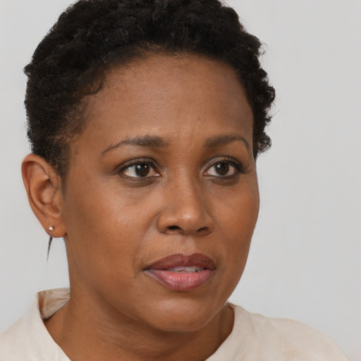 Joyful black young-adult female with short  brown hair and brown eyes