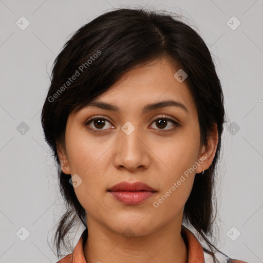 Neutral white young-adult female with medium  brown hair and brown eyes