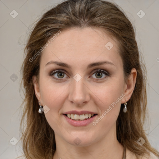 Joyful white young-adult female with medium  brown hair and grey eyes