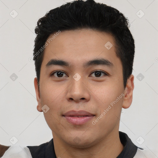 Neutral asian young-adult male with short  black hair and brown eyes