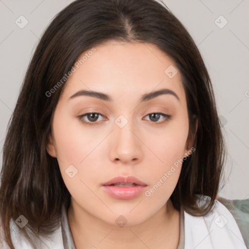 Neutral white young-adult female with medium  brown hair and brown eyes