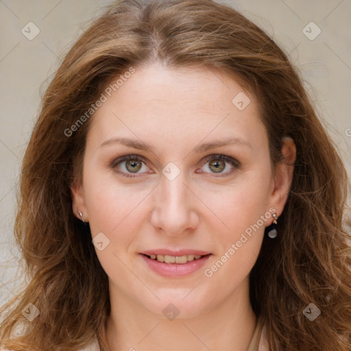 Joyful white young-adult female with long  brown hair and green eyes