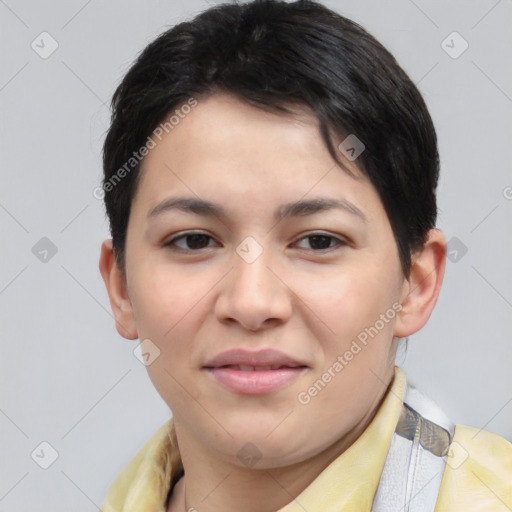 Joyful asian young-adult female with short  brown hair and brown eyes