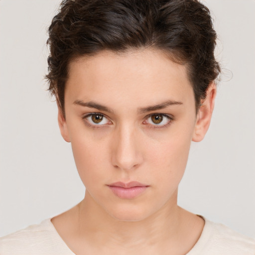 Neutral white young-adult female with short  brown hair and brown eyes