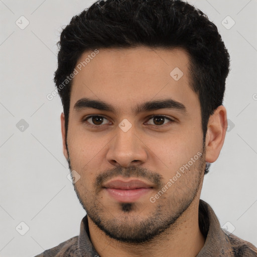 Neutral latino young-adult male with short  black hair and brown eyes