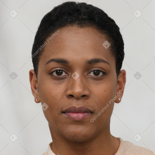 Neutral black young-adult female with short  black hair and brown eyes