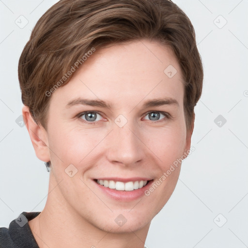 Joyful white young-adult female with short  brown hair and grey eyes