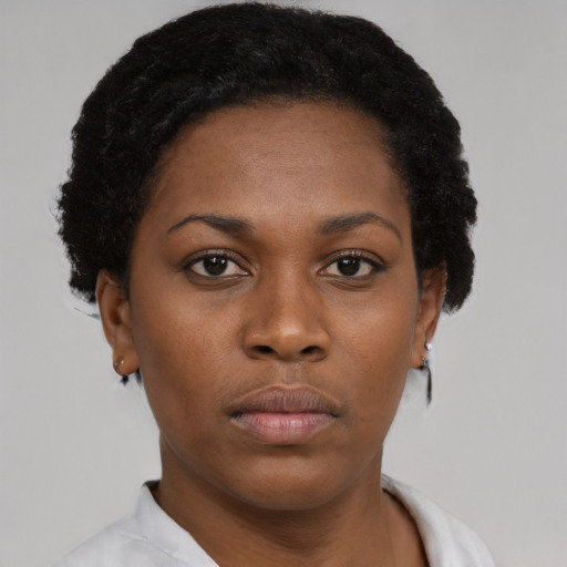 Neutral black young-adult female with short  black hair and brown eyes
