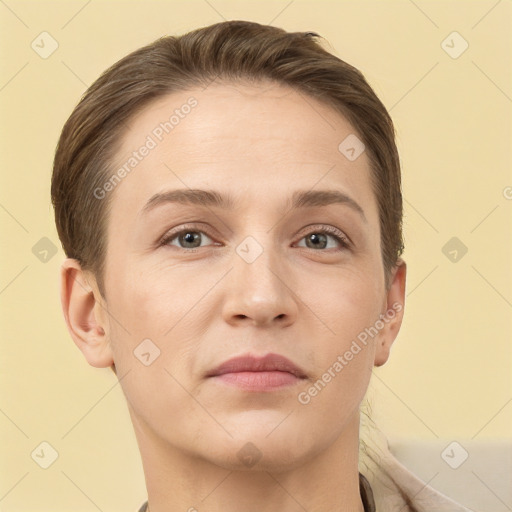 Neutral white young-adult female with short  brown hair and brown eyes