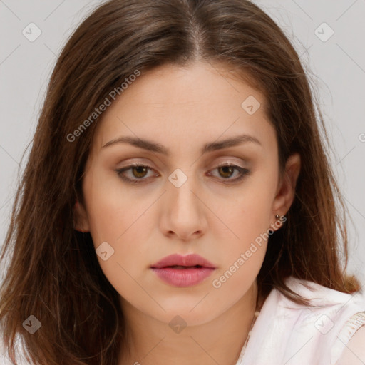 Neutral white young-adult female with long  brown hair and brown eyes