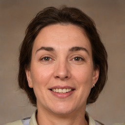 Joyful white adult female with medium  brown hair and grey eyes