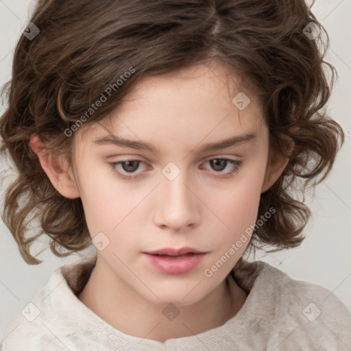 Neutral white child female with medium  brown hair and grey eyes