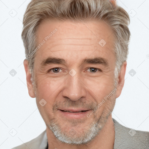 Joyful white middle-aged male with short  brown hair and brown eyes