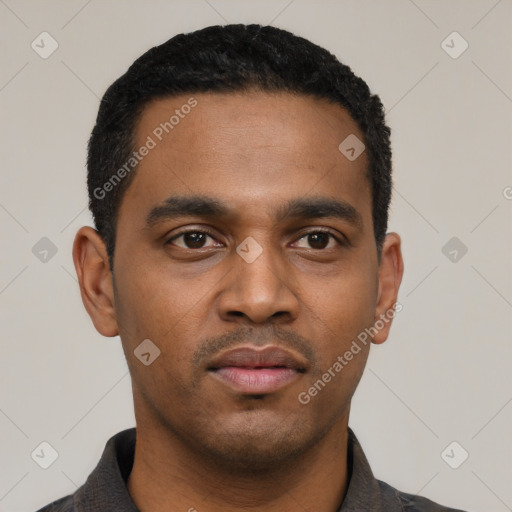 Neutral latino young-adult male with short  black hair and brown eyes