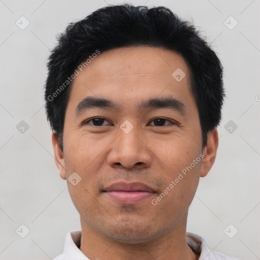 Neutral asian young-adult male with short  black hair and brown eyes