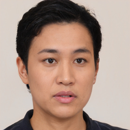 Neutral asian young-adult male with short  black hair and brown eyes