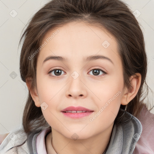 Joyful white child female with medium  brown hair and brown eyes