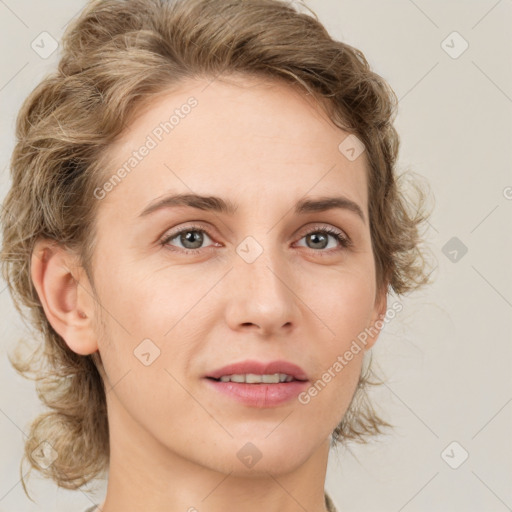 Joyful white young-adult female with medium  brown hair and green eyes