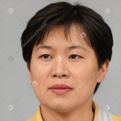 Joyful white adult female with short  brown hair and brown eyes