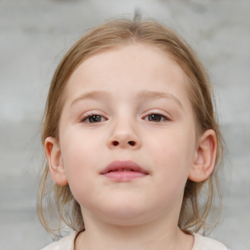 Neutral white child female with medium  brown hair and blue eyes