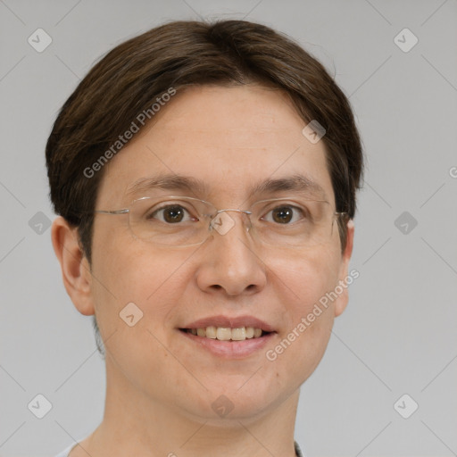 Joyful white adult female with short  brown hair and brown eyes