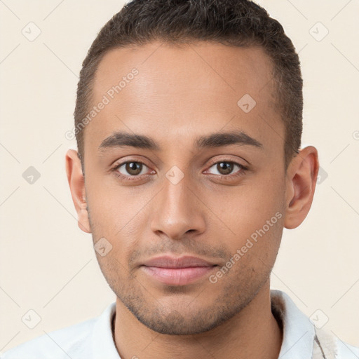 Neutral white young-adult male with short  brown hair and brown eyes