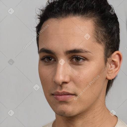 Neutral white young-adult male with short  brown hair and brown eyes