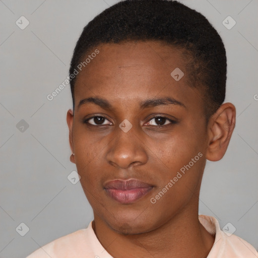 Neutral black young-adult female with short  brown hair and brown eyes