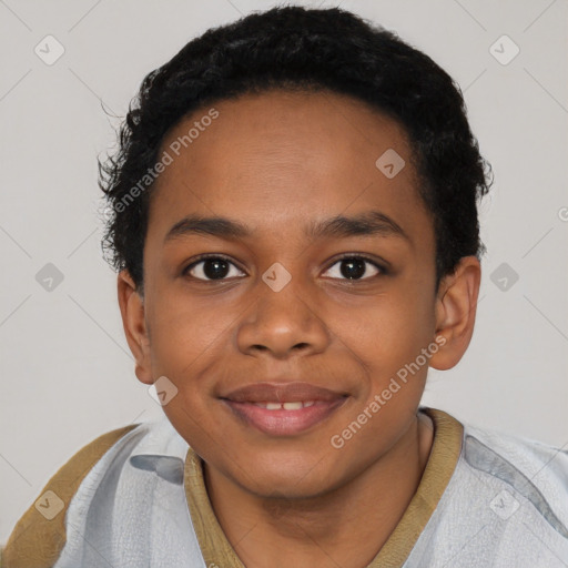 Joyful black young-adult male with short  brown hair and brown eyes